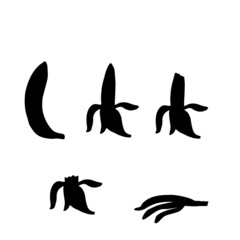 Whole banana, bite off banana, banana peel. Vector silhouette illustration.