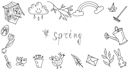 Spring card. Birdhouse, tulip, rake, watering can, branch. Vector illustration, sketch, line drawing.