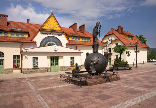 Monument to Saint Nicholas in front of Railway station in Rabka-Zdroj. Poland