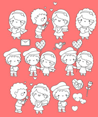 A Black and White Vector Set of Cute Girl and Boy Showing Love Each Others