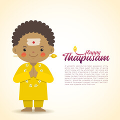 Thaipusam or Thaipoosam - festival celebrated by the Tamil community. Cartoon indian boy with vel spear in flat vector illustration. 