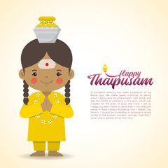 Thaipusam or Thaipoosam - festival celebrated by the Tamil community. Cartoon indian girl & paal kudam (milk pot) in flat vector illustration. 