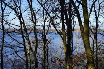 Blaue Panoramalandschaft der Havel hinter Bäumen bei Sonnenschein am Havelhöhenweg in Berlin