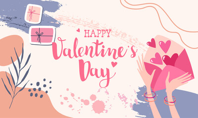 Valentine's Day banner with hands holding the letter and abstract modern shapes