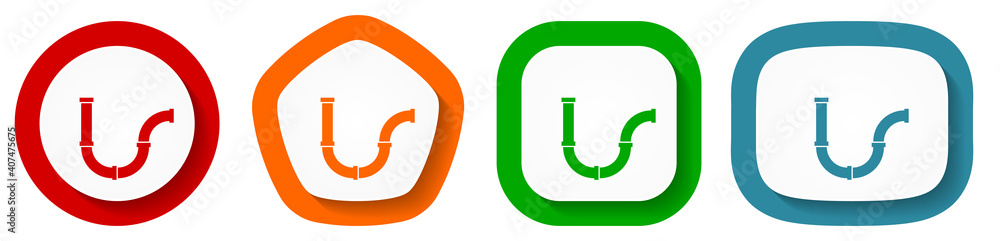 Poster pipeline, tube, pipe and industrial vector icon set, flat design buttons on white background