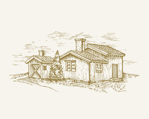 Hand Drawn Rural Buildings Landscape Vector Illustration. Farm with Barns and Pine Tree Sketch. Village Houses Doodle. Isolated