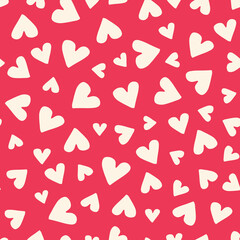 Valetnine's Day Holiday Simple Hand-Drawn White Ditsy Hearts on Red Background Vector Seamless Pattern. Retro Bright Girly Whimsical Feminine Print for Fashion, Packaging, Wrapping Paper