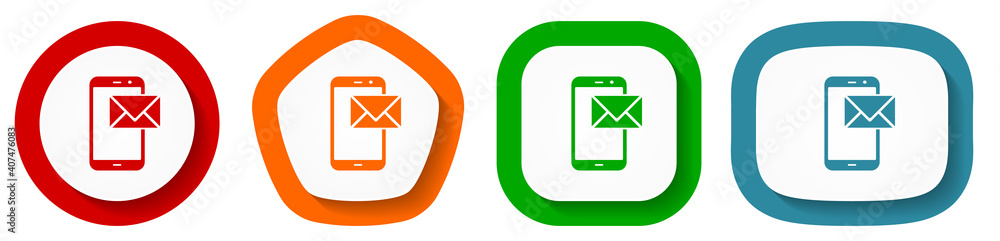 Poster smartphone with email vector icon set, flat design buttons on white background