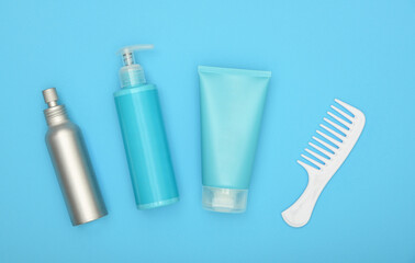 Feminine beauty hair care set on blue