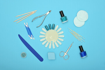 Nail care and manicure set on blue