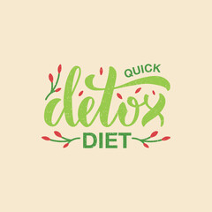 Vector illustration of quick detox diet lettering for banner, poster, signage, sticker, invitation, healthy food guide, restaurant menu, product design. Handwritten decorative text for web or print
