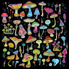 Background with bright, decorative mushrooms - 407477220