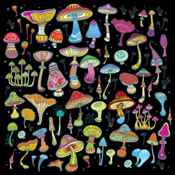 Background with bright, decorative mushrooms