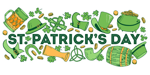 Saint Patrick's Day composition with title. Traditional objects, food and symbols. Hand drawn vector sketch illustration on white background
