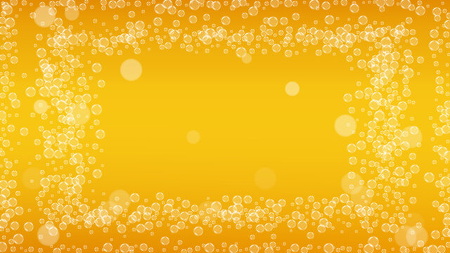 Lager beer. Background with craft splash. Oktoberfest foam. restaurant banner layout. German pint of ale with realistic white bubbles. Cool liquid drink for Gold glass with lager beer.