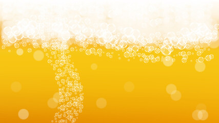 Beer background. Craft lager splash. Oktoberfest foam. pub flyer design. Czech pint of ale with realistic white bubbles. Cool liquid drink for Yellow glass with beer background.