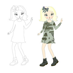 Fashionable girl. Vector illustration. Coloring page.
