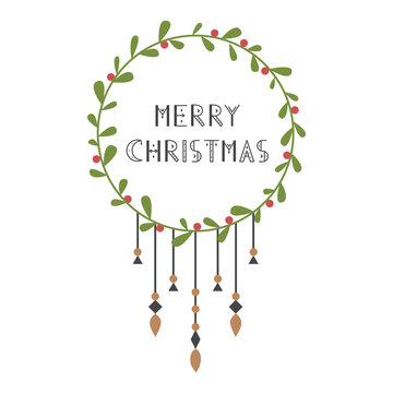 xmas wreath with the ilettering Merry Christmas. Boho style