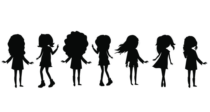 Cute girls in different clothes. Fashionable vector illustration. Black silhouettes.