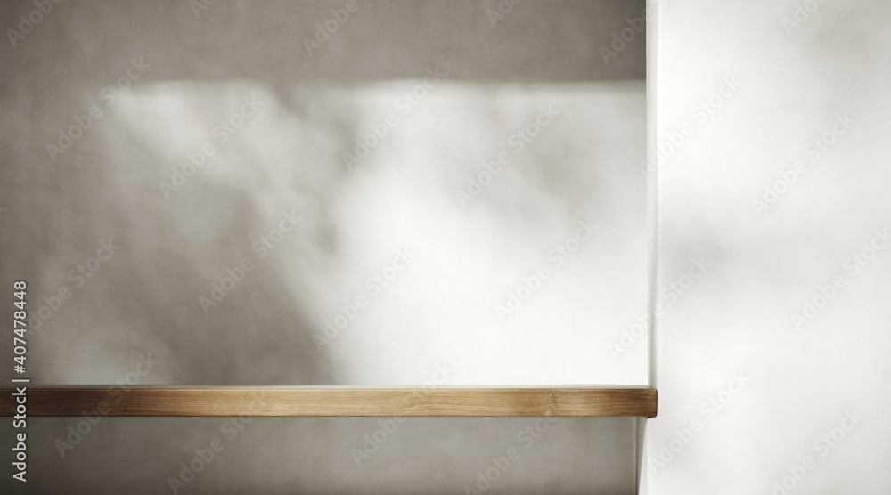 Poster minimal mockup background for product presentation. wood shelf on plaster wall with leaf shadow. cli