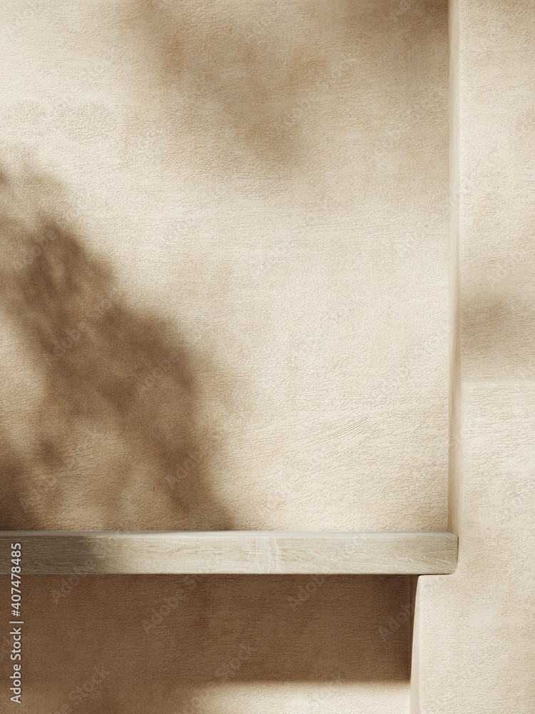 Poster minimal mockup background for product presentation. wood shelf on plaster wall with leaf shadow. cli