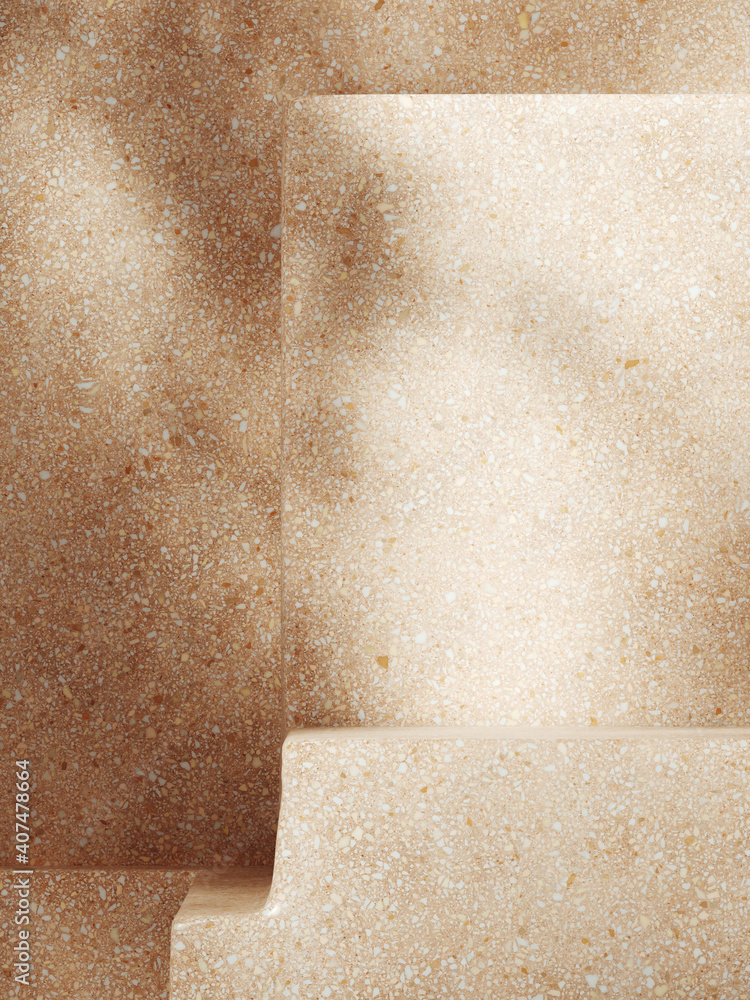 Poster minimal mockup background for product presentation. beige terrazzo podium display with leaf shadow. 