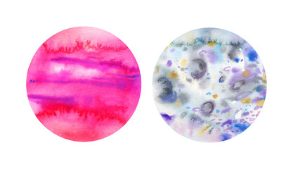 Set of two moons. Red and grey. Hand drawn watercolor sketch illustration isolated on white background