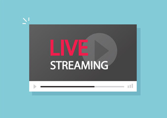 Live streaming sign on video player vector flat cartoon illustration, broadcasting or watching online live stream show tech modern design