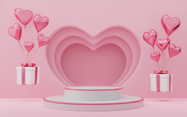 Fototapeta na wymiar Empty white cylinder podium with pink border, gift boxes, hearts balloons on arch and curtain background. Valentine's Day interior with pedestal. Mockup space for display of product design. 3d render.