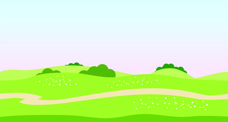 Green landscape. Road, hills, daisies. Vector illustration.