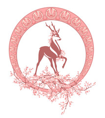 roe deer stag among blooming tree branches and art nouveau style ornament frame - spring season vector design