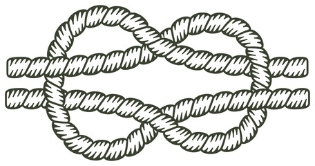 Granny knot, rope unfilled. Knot made with a rope with the interior without coloring.