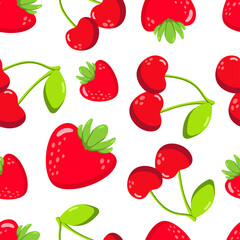 Red cherry and juicy strawberry seamless pattern on white background vector for cards, banners, wrapping paper, posters, scrapbooking, pillow, cups and kitchen fabric design. 