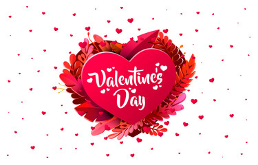 Red heart of Valentines Day. 3d red hearts and paper cut flowers. Vector