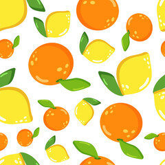 Juicy orange and yellow lemon trendy colorful seamless pattern on white background vector for cards, banners, wrapping paper, posters, scrapbooking, pillow, cups and fabric design. 