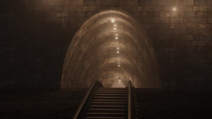 Mining tunnel with lights and rails 3d illustration