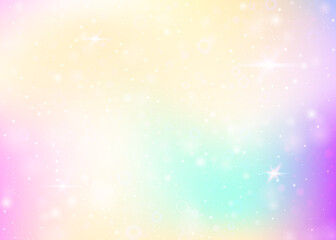 Fairy background with rainbow mesh. Multicolor universe banner in princess colors. Fantasy gradient backdrop with hologram. Holographic fairy background with magic sparkles, stars and blurs.