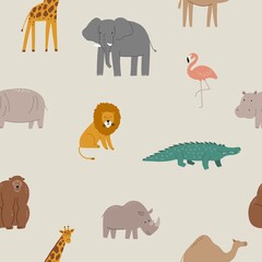 Cute wild safari African animals - Vector illustration. Seamless pattern with Elephant, hippo, giraffe, crocodile, lion, flamingo, monkey. Cartoon doodle characters in scandinavian style 