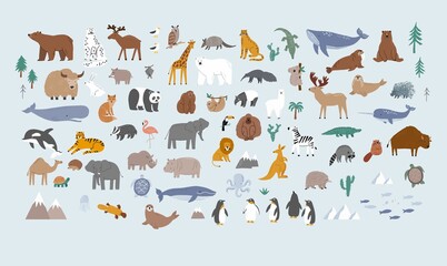 Animals world for kids. Poster with cute vector animals in flat style. Cartoon doodle characters in scandinavian style for children