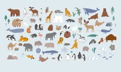 Tierwelt für Kinder. Poster mit niedlichen Vektortieren im flachen Stil. Cartoon-Doodle-Figuren im skandinavischen Stil für Kinder © NadezdaBarkova