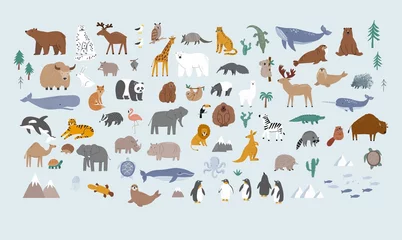 Tierwelt für Kinder. Poster mit niedlichen Vektortieren im flachen Stil. Cartoon-Doodle-Figuren im skandinavischen Stil für Kinder © NadezdaBarkova