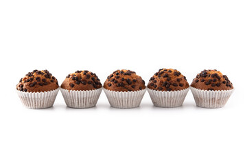 Just baked chocolate muffins isolated on white background