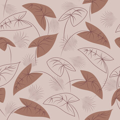 Botanical seamless tropical pattern with colorful plants and leaves on beige background. Colorful stylish flat design. Exotic leaves. Summer. Hawaiian style. Vector.