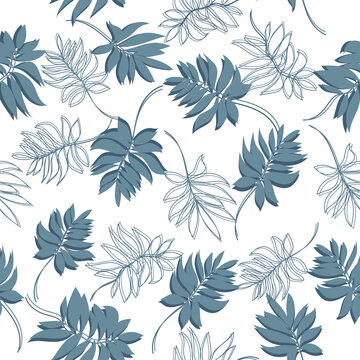 Botanical seamless tropical pattern with colorful plants and leaves on a white background. Colorful stylish flat design. Exotic tropics. Summer. Hawaiian style. Vector.