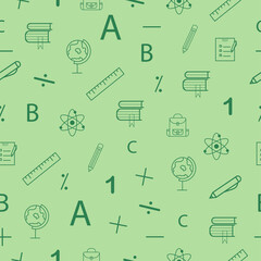 Educational icons in seamless pattern on green background, school and office illustration, vector