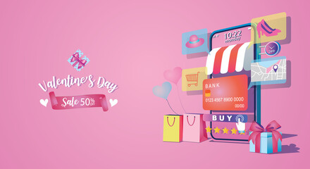 Valentine's day Online Shopping Concept, Website or Mobile phone Application, Marketing, and Digital marketing. promotion smartphone, fast delivery. Vector flat Design illustration 24-hour shopping