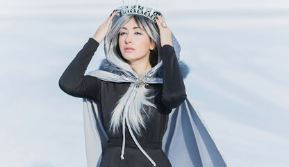 Fairy tale scene at arctic, woman in cold fantasy look, silver hair , cloak and dress at snowy day. Cosplay concept © T.Den_Team