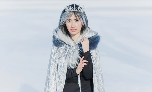 Fairy tale scene at arctic, woman in cold fantasy look, silver hair , cloak and dress at snowy day. Cosplay concept