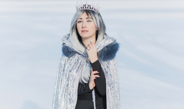 Fairy tale scene at arctic, woman in cold fantasy look, silver hair , cloak and dress at snowy day. Cosplay concept