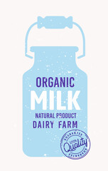 blue Milk can container emblem with text and stamp